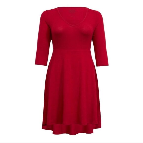 Red V Neck 3/4 Sleeve Side Pockets Fit Flare Hi-Low Knee Dress by Torrid NEW - Picture 2 of 3